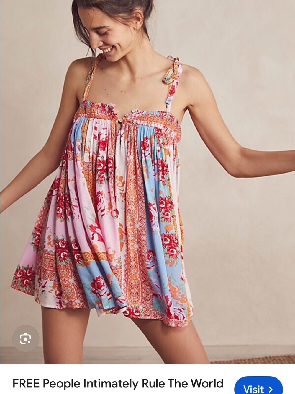 Free People Floral Patchwork Smocked Babydoll Tank - Pink, Blue & Orange